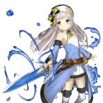  1girl blue_eyes ccaw detached_sleeves earrings highres holding holding_sword holding_weapon jewelry long_hair silver_hair simple_background smile solo sword tenkuu_no_craft_fleet water weapon white_background 