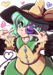  1girl ;) bow double_v green_eyes green_hair hat hat_bow heart heart-shaped_pupils heart_of_string komeiji_koishi mazume one_eye_closed skirt smile symbol-shaped_pupils third_eye touhou v 