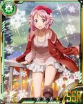  1girl bow breasts card_(medium) cleavage collarbone hair_bow jewelry leaning_forward lisbeth looking_at_viewer medium_breasts necklace pink_hair red_bow short_hair skirt snow snowflakes solo star sword_art_online white_skirt 