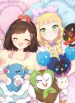  2girls :o ^_^ alternate_hairstyle applying_makeup bangs bird black_hair blonde_hair blunt_bangs blush bounsweet bow braid breasts brionne casual character_print choker closed_eyes comb cosmog dartrix dress eyebrows eyebrows_visible_through_hair eyelashes female_protagonist_(pokemon_sm) frilled_pillow frills green_eyes hair_brushing hair_ornament hair_over_shoulder hairband hairclip happy komala lillie_(pokemon) litten_(pokemon) long_hair long_sleeves looking_at_another looking_at_viewer looking_to_the_side lying makeup moorina multiple_girls off-shoulder_sweater on_back one_eye_closed owl pillow pokemon pokemon_(creature) pokemon_(game) pokemon_sm rouge_(makeup) short_hair sleeves_past_wrists smile sweater swept_bangs togedemaru twin_braids twitter_username x_hair_ornament yellow_bow 