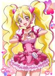  1girl :d blonde_hair choker corset cowboy_shot cure_peach earrings fresh_precure! frills hair_ornament hanzou heart heart_earrings heart_hair_ornament heart_hands highres jewelry long_hair looking_at_viewer magical_girl momozono_love open_mouth pink_eyes pink_skirt precure skirt smile solo twintails 