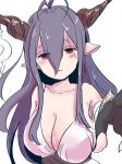  1girl antenna_hair bandaged_arm bandages bangs bare_shoulders black_gloves blush breasts closed_mouth collarbone crescent danua doraf dress empty_eyes eyes_visible_through_hair fingerless_gloves frown gloves granblue_fantasy hair_between_eyes half-closed_eyes horn_ornament horns long_hair looking_at_viewer myouji_namawe outstretched_arm outstretched_hand pointy_ears purple_hair red_eyes simple_background solo underbust upper_body white_background white_dress 
