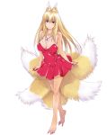  1girl animal_ears bare_legs barefoot blonde_hair breasts cleavage dress fox_ears fox_tail full_body large_breasts long_hair multiple_tails nail_polish red_dress sennen_sensou_aigis skirt smile strapless strapless_dress tail transparent_background 