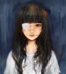  1girl blue_background brown_eyes brown_hair closed_mouth eyepatch halloween kazaana long_hair looking_at_viewer medical_eyepatch messy_hair original realistic shirt solo stitches upper_body white_shirt 