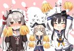  &gt;_&lt; 3girls :d amatsukaze_(kantai_collection) anchor arms_up ascot black_hair black_panties blush blush_stickers brown_dress brown_eyes closed_eyes dress embarrassed fang hair_ribbon hair_tubes hairband highleg kantai_collection long_hair matsushita_yuu multiple_girls open_mouth panties pom_poms ribbon shimakaze_(kantai_collection) short_hair short_hair_with_long_locks skirt smile tokitsukaze_(kantai_collection) translated two_side_up underwear white_dress xd 