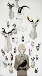  1boy akechi_gorou animal_skull badge bangs black_gloves black_necktie blazer brown_hair bunny_head buttons closed_mouth collared_shirt deer_head dress_shirt gloves grey_background hair_between_eyes highres holding jacket kaninn long_sleeves looking_at_viewer male_focus necktie persona persona_5 raven red_eyes shirt signature smile solo striped striped_necktie taxidermy trophy_head twitter_username upper_body white_shirt 