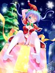  1girl bell bell_collar blue_eyes blue_hair bow box breasts christmas_tree cleavage collar from_behind gift gift_box green_bow hair_bow hat highres long_hair looking_at_viewer medium_breasts midriff navel one_eye_closed original red_hat red_skirt santa_costume santa_hat sitting skirt snow snowflakes solo yagami-all_hail_nanao 