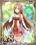  1girl asuna_(sao) breasts brown_eyes brown_hair card_(medium) cleavage collarbone elbow_gloves gloves hair_ornament long_hair looking_at_viewer number pleated_skirt red_skirt see-through skirt smile solo star sword_art_online thigh-highs white_gloves white_legwear 