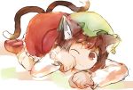  1girl :t animal_ears brown_hair chen closed earrings female monosenbei multiple_tails one_eye paw_pose single_earring solo tail touhou 