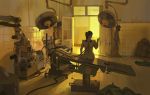  1girl backlighting black_hair blurry commentary dark door from_behind gas_mask hand_up hose indoors labcoat light long_hair operating_table original ponytail scenery science_fiction sitting sketch snatti solo 