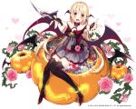  1girl black_bow black_legwear black_ribbon black_wings blonde_hair bow brown_eyes collarbone copyright_request dress eyebrows eyebrows_visible_through_hair fang heart highres holding holding_knife knife lolita_fashion long_hair looking_at_viewer open_mouth outstretched_arms pink_flower pumpkin ribbon sakuragi_ren simple_background sitting solo thigh-highs vampire white_background wings 