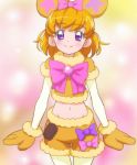  1girl asahina_mirai blonde_hair bow eyebrows eyebrows_visible_through_hair gloves hair_bow haruyama_kazunori looking_at_viewer mahou_girls_precure! midriff navel pantyhose pink_bow precure short_hair smile solo violet_eyes 