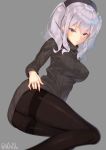  1girl beret black_legwear blue_eyes breasts crotch_seam grey_background hat kantai_collection kashima_(kantai_collection) long_hair pantyhose silver_hair simple_background smile solo sweater thighband_pantyhose tsurime twintails wavy_hair you06 
