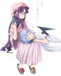  2girls alternate_eye_color anarogumaaa aqua_eyes bat_wings bespectacled capelet dress glasses hand_on_another&#039;s_head hat lap_pillow lavender_hair long_hair looking_at_another lying_on_lap mob_cap multiple_girls patchouli_knowledge purple_hair remilia_scarlet short_hair sitting sleeping smile striped touhou translated vampire vertical-striped_dress vertical_stripes white_dress wide_sleeves wings 