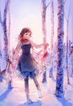  1girl backlighting bare_tree blurry blush boots brown_eyes brown_hair commentary dancing depth_of_field dress forest happy long_hair morning nature open_mouth original pantyhose scarf shadow signature smile snow standing standing_on_one_leg tree tsubaki_(teatime0) winter 