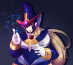  1girl android berkana black_background blonde_hair breasts chubby dress gloves hat hydrangea_(artist) lips lipstick long_hair robot rockman rockman_x smile solo triangle violet_eyes white_gloves witch witch_hat 