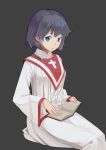  1girl :o absurdres bangs black_hair blue_eyes book breasts copyright_request cross_print dress fps grey_background highres holding holding_book long_sleeves looking_at_viewer medium_breasts open_book short_hair simple_background sitting solo surprised white_dress wide_sleeves 