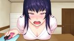 artist_request blue_hair blush breasts character_request cleavage computer computer_mouse game_cg large_breasts leaning looking_at_viewer open_mouth source_request tagme 