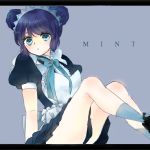  1girl aizawa_mint blue_background blue_eyes blue_hair blush character_name double_bun frills knees_up ku_(uuuy_1015) letterboxed looking_at_viewer simple_background sitting solo tokyo_mew_mew waitress 