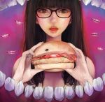  1girl bacon bangs bird black_eyes blunt_bangs brown_eyes chicken crack food hamburger kazaana long_hair looking_at_viewer mouth open_mouth original realistic teeth tomato 