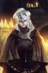  1girl blonde_hair candle cloak covered_eyes dark_souls_iii fire_keeper highres jewelry light_smile long_hair mask natasha_(enijoi) necklace solo souls_(from_software) 