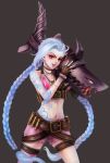  1girl belt blue_hair braid gloves jinx_(league_of_legends) league_of_legends lipstick long_hair pink_eyes shorts single_thighhigh tattoo thigh-highs twin_braids weapons 