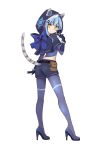  1girl animal_ears blue blue_hair blue_legwear cat_ears cat_tail fake_animal_ears fake_tail fujisaki_(graphic_loops) full_body gloves hair_ornament hairclip high_heels highres hood kaitou_beauty_cat long_hair looking_at_viewer official_art pantyhose pumps simple_background skirt snowflake_print solo tail toys_drive white_background yellow_eyes 