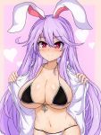  1girl alternate_costume animal_ears bikini bikini_under_clothes black_bikini breasts collarbone flashing front-tie_top groin hair_between_eyes halter_top halterneck heart heart_background highres large_breasts long_hair looking_at_viewer open_clothes pink_background purple_hair rabbit_ears red_eyes reisen_udongein_inaba skindentation smile solo sprout_(33510539) swimsuit touhou 