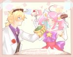  bow cake closed_eyes eating elbow_gloves ezreal fork league_of_legends luxanna_crownguard magical_girl otani_(kota12ro08) pink_hair star_guardian_lux twintails 