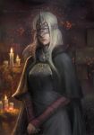  1girl blonde_hair candle cloak dark_souls_iii fire_keeper hands_clasped long_hair mask phamoz red_lips solo souls_(from_software) 