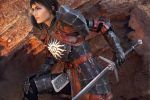  1girl armor cassandra_pentaghast cassandra_pentaghast_(cosplay) chainmail cosplay dark_incognito dragon_age dragon_age_2 gauntlets photo pixie_cut short_hair sword weapon 