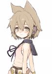  1girl :| bare_shoulders beige_eyes belt blush bracelet brown_hair collar dress earmuffs eyebrows furorida jewelry looking_at_viewer neck_ribbon pointy_hair ribbon sad sarashi short_hair shy simple_background sleeveless solo touhou toyosatomimi_no_miko upper_body white_background 