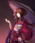  1girl absurdres brown_hair dark_background empty_eyes expressionless fish goldfish hair_ornament highres inxst japanese_clothes kagura(onmyoji) kimono layered_clothing layered_kimono lips looking_to_the_side obi onmyoji oriental_umbrella pink_background red_eyes red_kimono sash short_hair sidelocks solo umbrella upper_body wide_sleeves 