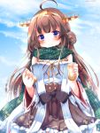  1girl ahoge bare_shoulders blue_eyes blush brown_hair can hairband jewelry kantai_collection kongou_(kantai_collection) looking_at_viewer nanoha-h nontraditional_miko plaid plaid_scarf ring scarf skirt smile solo wedding_band 