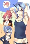  2girls adjusting_hair azanami_(pso2) blue_hair camisole hair_between_eyes hair_over_one_eye heterochromia highres horns io_(pso2) mouth_hold multiple_girls panties phantasy_star phantasy_star_online_2 redhead short_hair sukage tattoo tying_hair underwear 