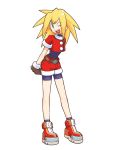  1girl arms_behind_back bike_shorts blonde_hair gloves green_eyes ishikawa_hideki long_hair official_art one_eye_closed red_shorts rockman rockman_dash roll_caskett short_sleeves shorts simple_background solo white_background 