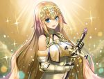  1girl :d asato_(fadeless) bare_shoulders blonde_hair blue_eyes blush breasts elbow_gloves fate/apocrypha fate_(series) gauntlets gloves helmet highres holding holding_sword holding_weapon long_hair looking_at_viewer open_mouth ruler_(fate/apocrypha) smile solo sword very_long_hair weapon 