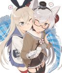  2girls amatsukaze_(kantai_collection) bespectacled blonde_hair blush brown_eyes garter_straps glasses hair_tubes hairband hayashi_kewi heart hug hug_from_behind kantai_collection long_hair multiple_girls one_eye_closed shawl shimakaze_(kantai_collection) silver_hair single_glove smile spoken_blush spoken_heart striped striped_legwear thigh-highs two_side_up windsock yuri 