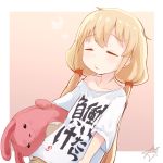  1girl bare_shoulders blonde_hair carrying closed_eyes clothes_writing futaba_anzu idolmaster idolmaster_cinderella_girls j.h_j.h long_hair low_twintails off_shoulder shirt short_sleeves sleepy solo stuffed_animal stuffed_bunny stuffed_toy t-shirt twintails you_work_you_lose 