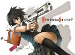  black_hair bracelet casing_ejection cellphone cellphone_strap desert_eagle dutch_angle earbuds eject_casing glasses gun handgun jewelry kneehighs kurojishi original phone pistol plaid pleated_skirt school_uniform shell_casing short_hair skirt socks solo sweater_vest translated weapon 