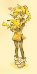  1girl blonde_hair chuchu_(pokemon) dress flower hat heart highres pantyhose pikachu pokemon pokemon_(creature) pokemon_special ponytail shinoasa short_hair straw_hat wink yellow_(pokemon) yellow_dress 