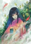  black_hair fish hime_cut irie_io japanese_clothes kimono long_hair multicolored_eyes original plants solo 