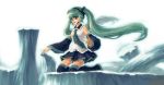  detached_sleeves green_eyes green_hair hatsune_miku headphones ice kneeling long_hair microphone necktie silverwing skirt thigh-highs thighhighs twintails vocaloid 