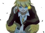  blonde_hair blue_eyes crouching formal kagamine_len loveloid male necktie psycho-puzzle short_hair smile solo squatting vocaloid 