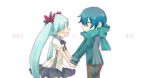  aqua_hair blue_eyes blue_hair child hair_ribbon hand_holding hatsune_miku holding_hands kaito long_hair mui open_mouth ribbon scarf skirt twintails vocaloid world_is_mine_(vocaloid) young 
