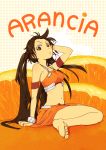  arancia armpits arms_up bare_shoulders barefoot brown_eyes brown_hair character_name feet food fruit legs long_hair midriff navel orange orange_(color) orange_dress original solo twintails yammy_(artist) yammy_(cellblo) 