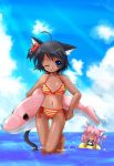  animal_ears bikini dark_skin sea sky smile swimsuit tail wink 