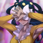  black_hair blush breasts cleavage covering_eyes dahlia_(pokemon) dark_skin frontier_brain jouwan long_hair pokemon smile solo sweat 