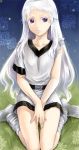  belt guin_saga linda_(guin_saga) purple_eyes seiza sitting solo white_hair 