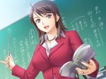  book breasts brown_hair chalkboard classroom game_cg hair_ornament hairclip jewelry large_breasts lipstick mesu_nie_onna_kyoushi misaki_mizuki necklace open_mouth pinky_out pointer purple_eyes ring saburoo short_hair smile solo teacher wedding_band 